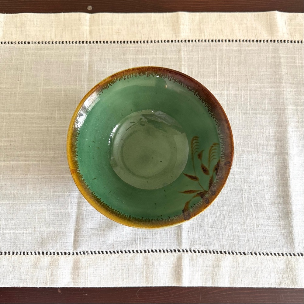 Handmade Ceramic Bowl. Green and Brown with Leaf Design / Glaze Shine. No Chips! - Picture 6 of 12